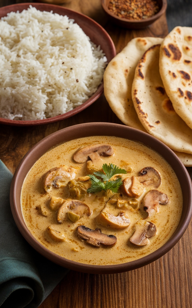 Creamy mushroom curry in a bowl with cilantro, served with rice and naan, on a rustic table.
